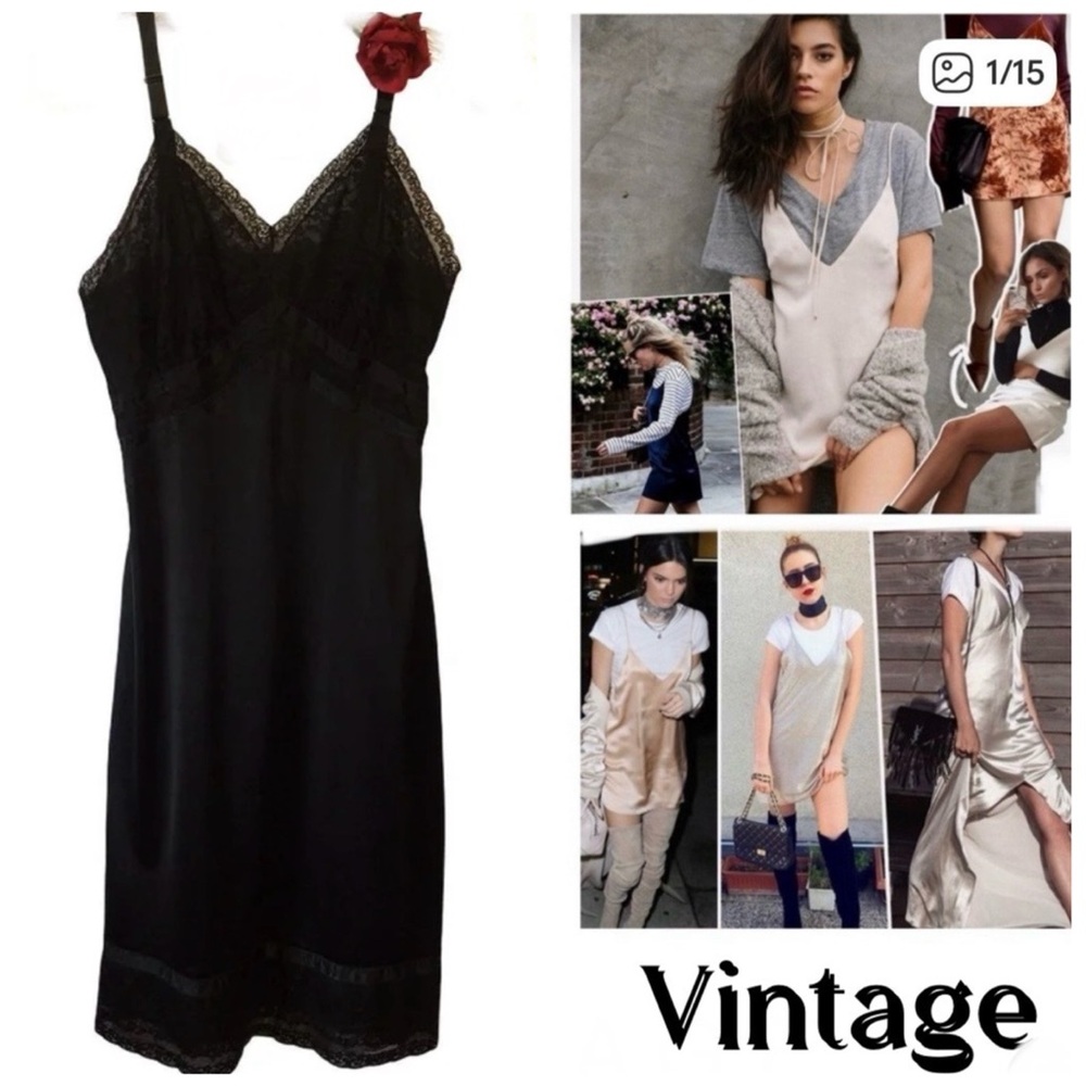 VTG SEAMPRUFE WHIMSEYGOTH FULL SLIP DRESS BLACK LACE SZ TAG 36